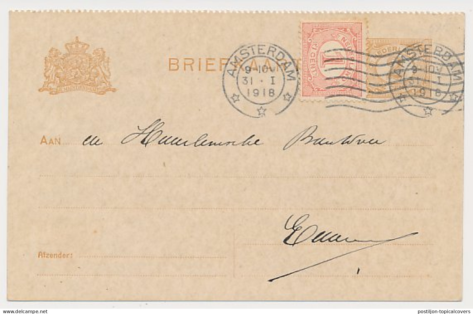 Briefkaart G. 88 B II / Bijfrankering Amsterdam - Edam 1918 - Ganzsachen