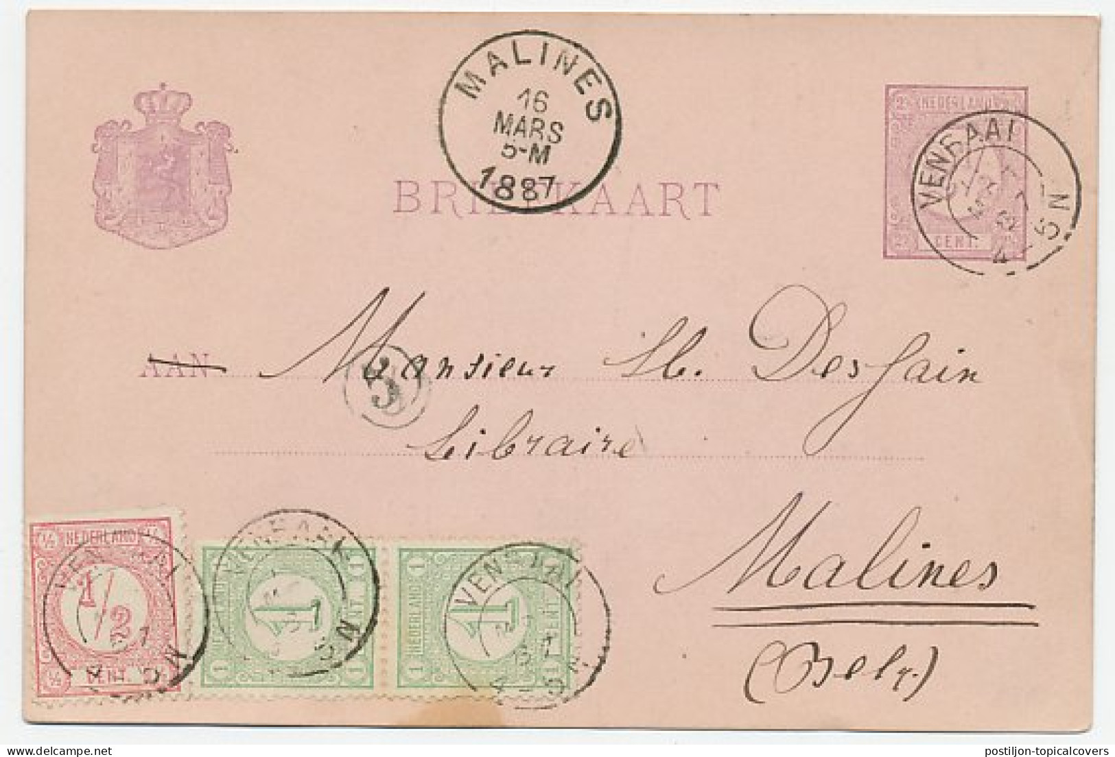 Briefkaart G. 23 / Bijfrankering Venray - Belgie 1887 - Interi Postali