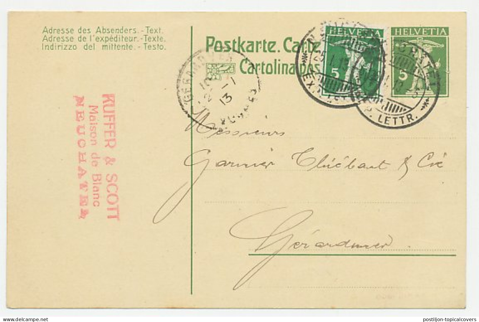 Postal Stationery Switzerland 1913 Cacao Suchard - Alimentation