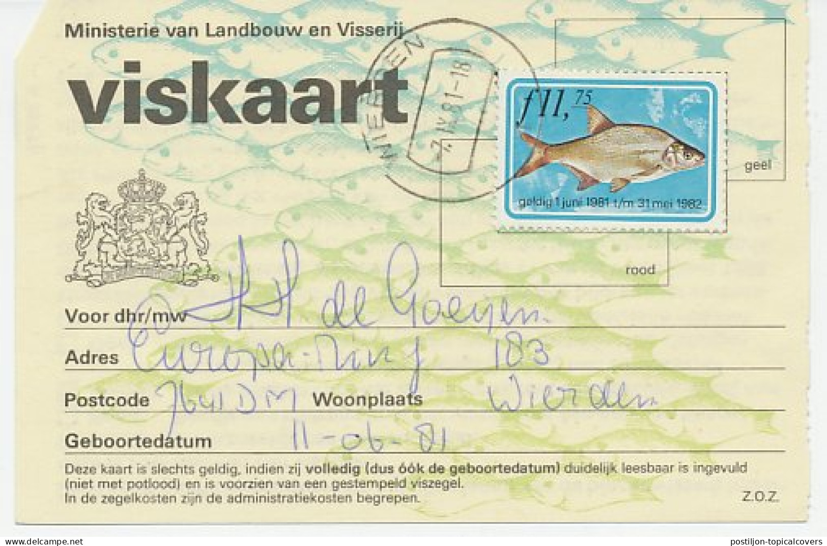 Viskaart Kleine Visakte 1981 / 1982 - Revenue Stamps