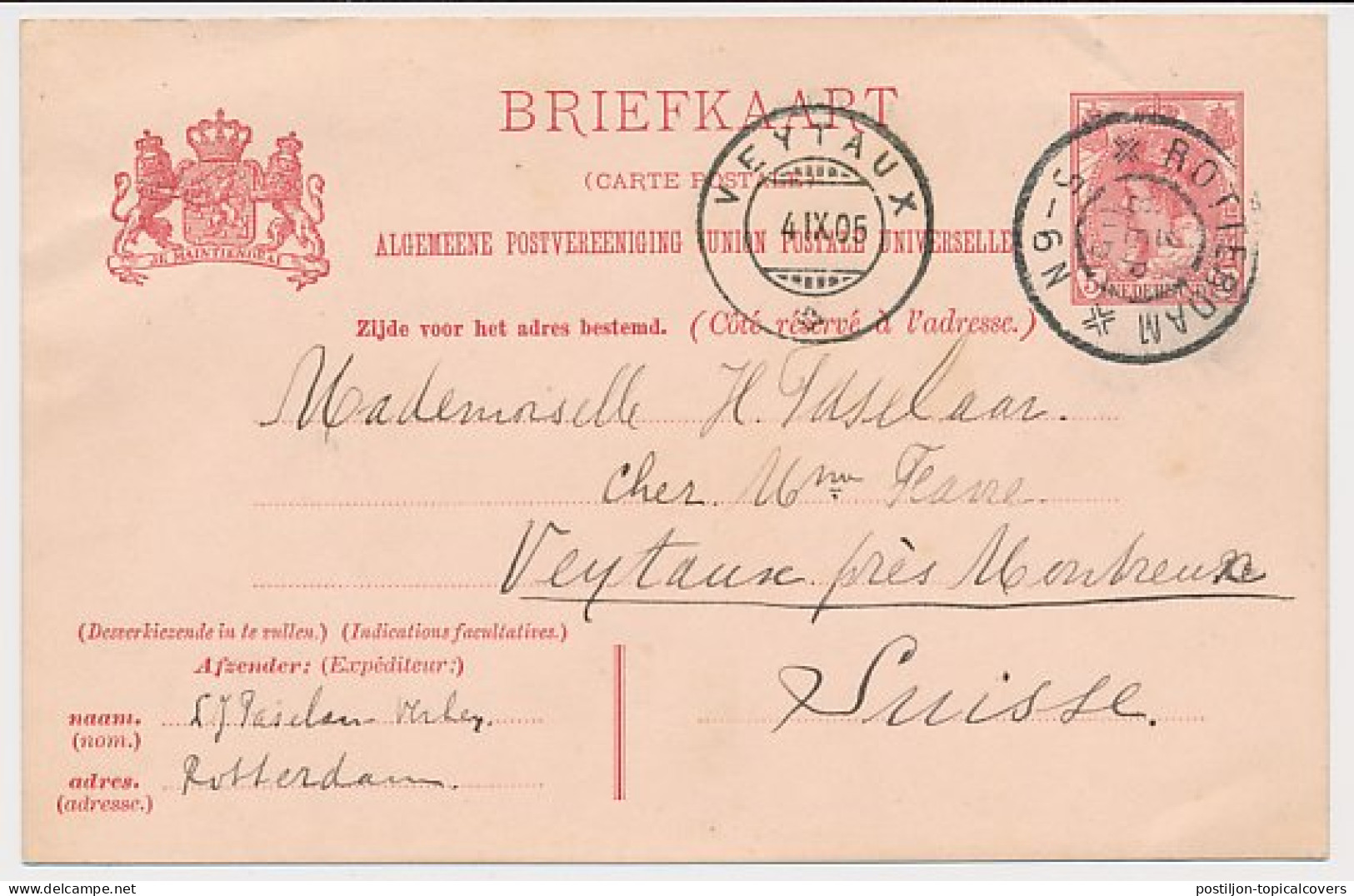 Briefkaart G. 65 Rotterdam - Veytaux Zwitserland 1905 - Interi Postali