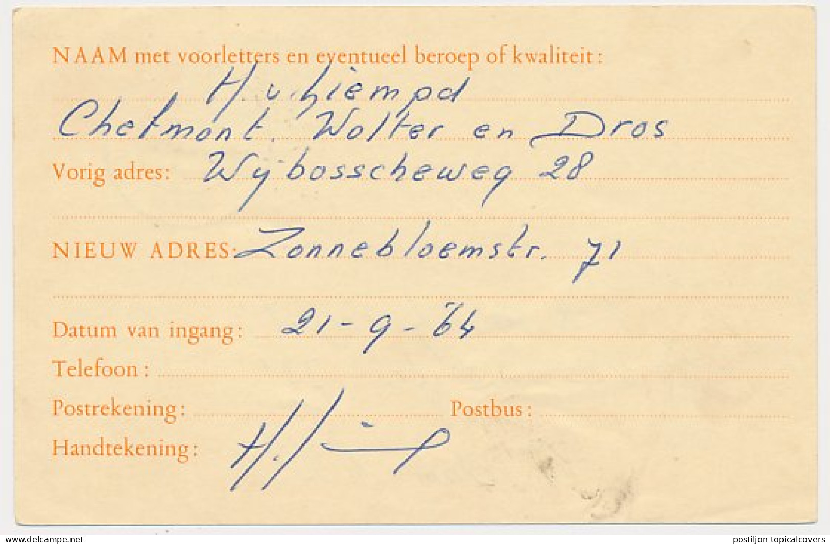 Verhuiskaart G. 28 Schijndel - Amsterdam 1964 - Interi Postali