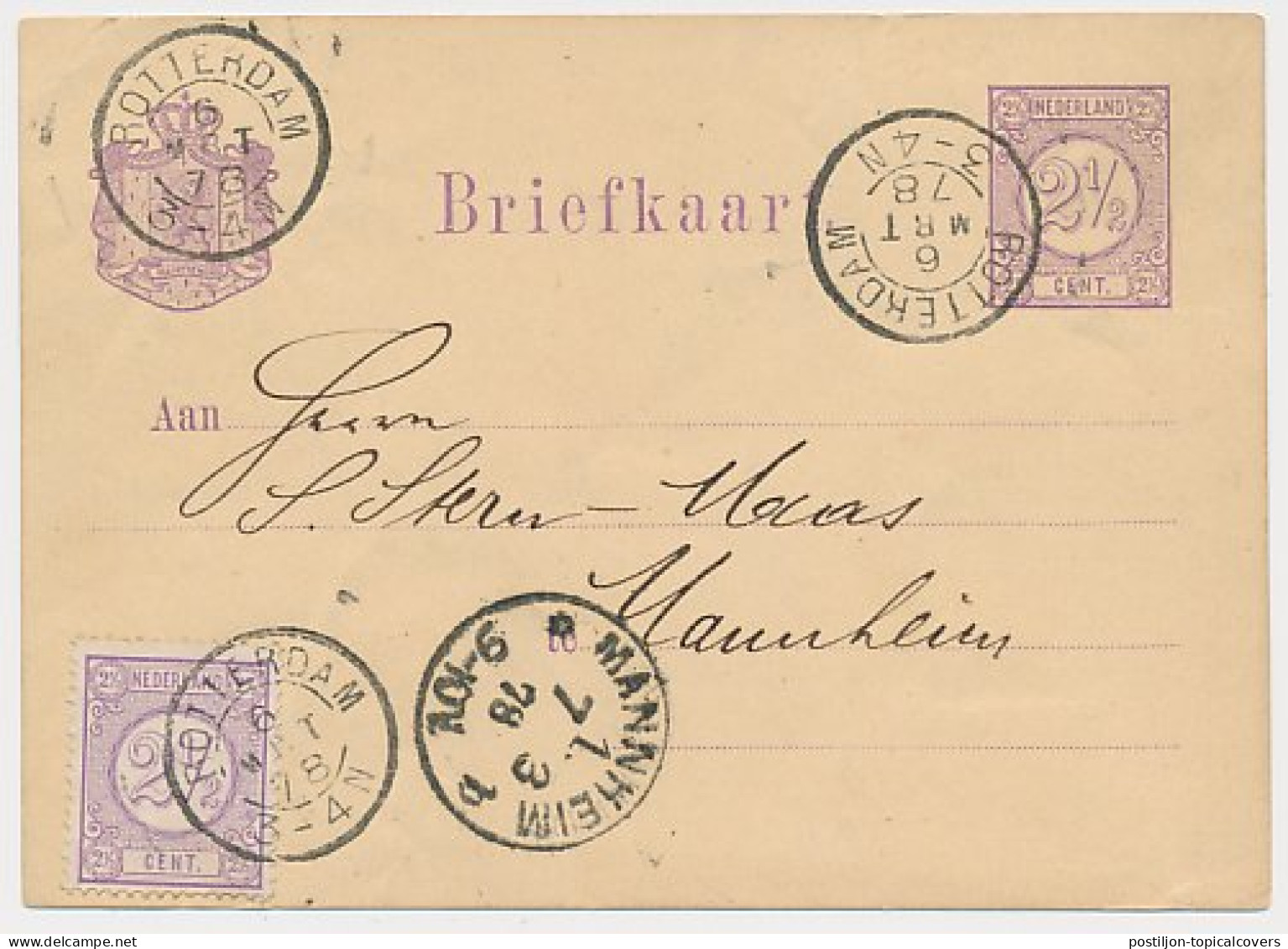 Briefkaart G. 14 / Bijfrankering Rotterdam - Duitsland 1878 - Entiers Postaux