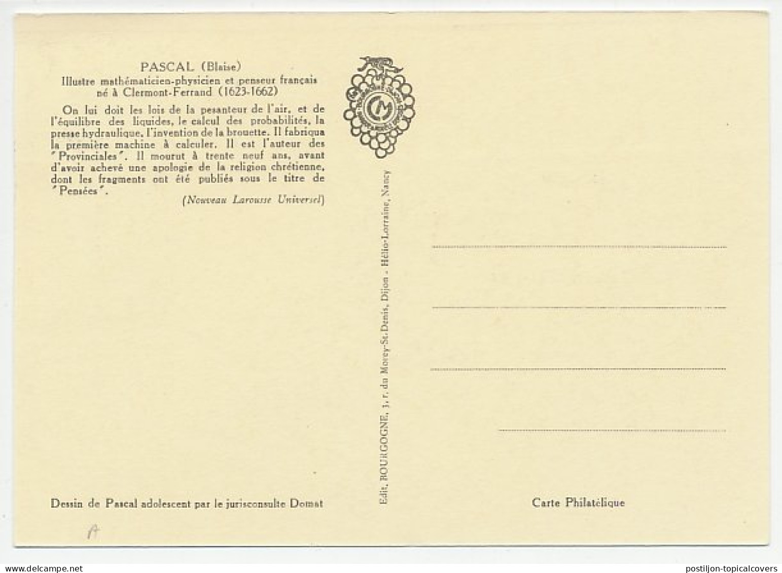 Maximum Card France 1962 Blaise Pascal - Mathematician - Andere & Zonder Classificatie