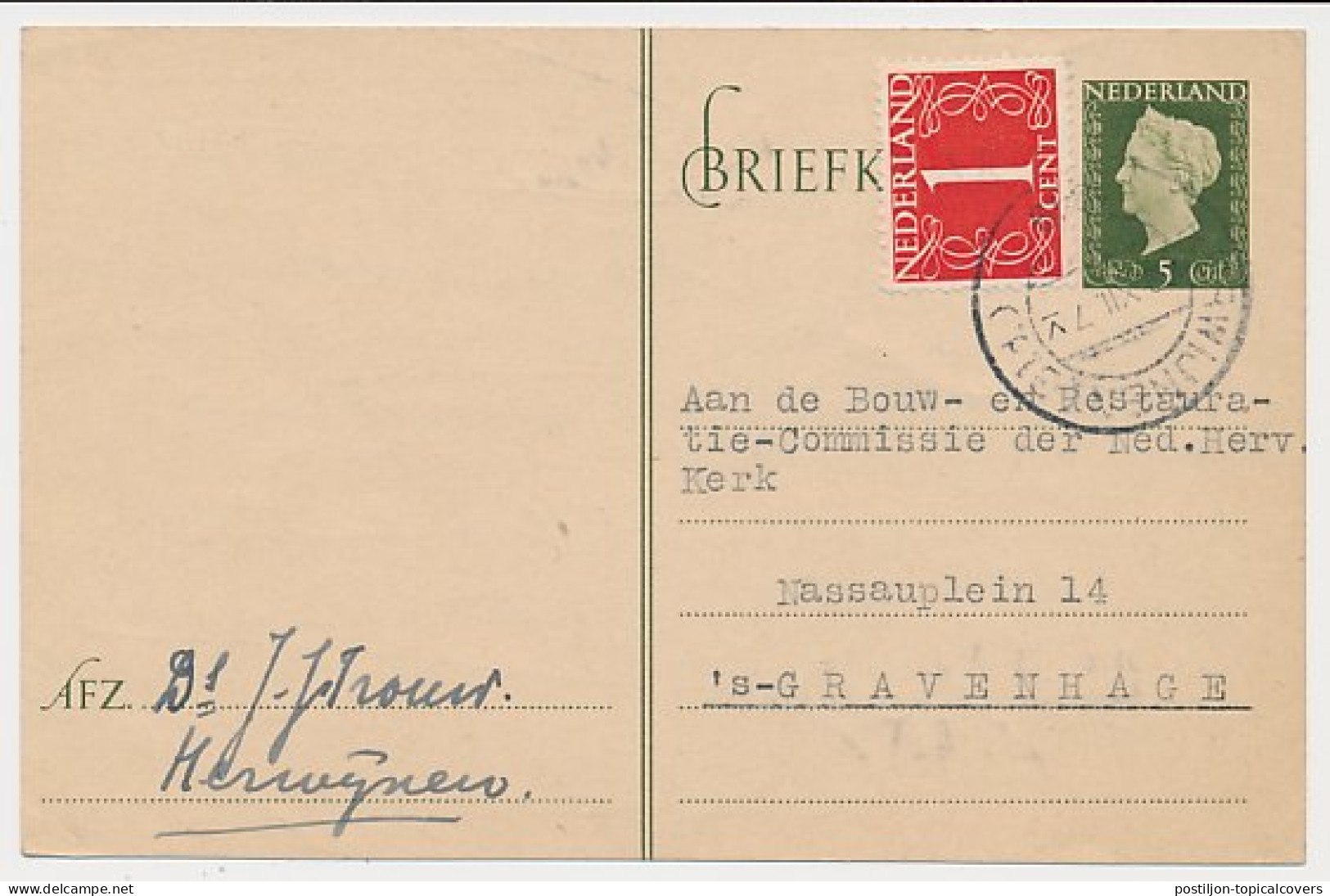 Briefkaart G. 291 A / Bijfrankering Herwijnen - Den Haag 1949 - Entiers Postaux