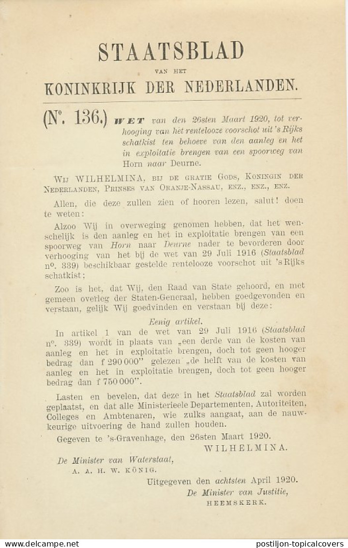 Staatsblad 1920 : Spoorlijn Horn - Deurne - Historische Documenten