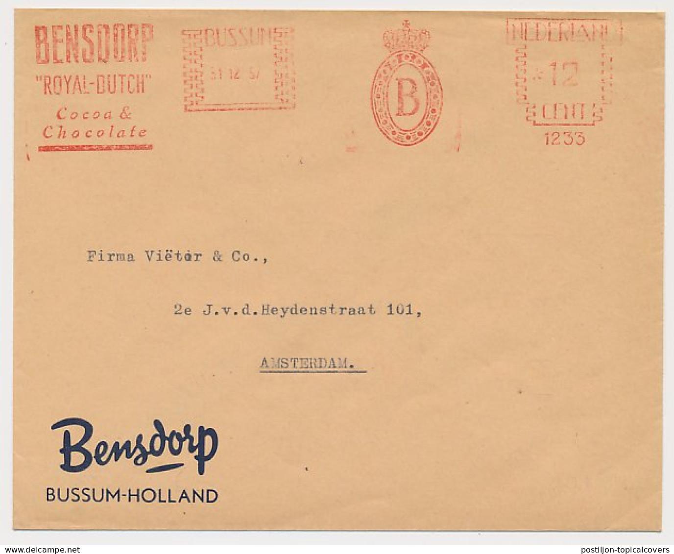 Meter Cover Netherlands 1957 Chocolate Factory Bensdorp - Bussum - Alimentazione