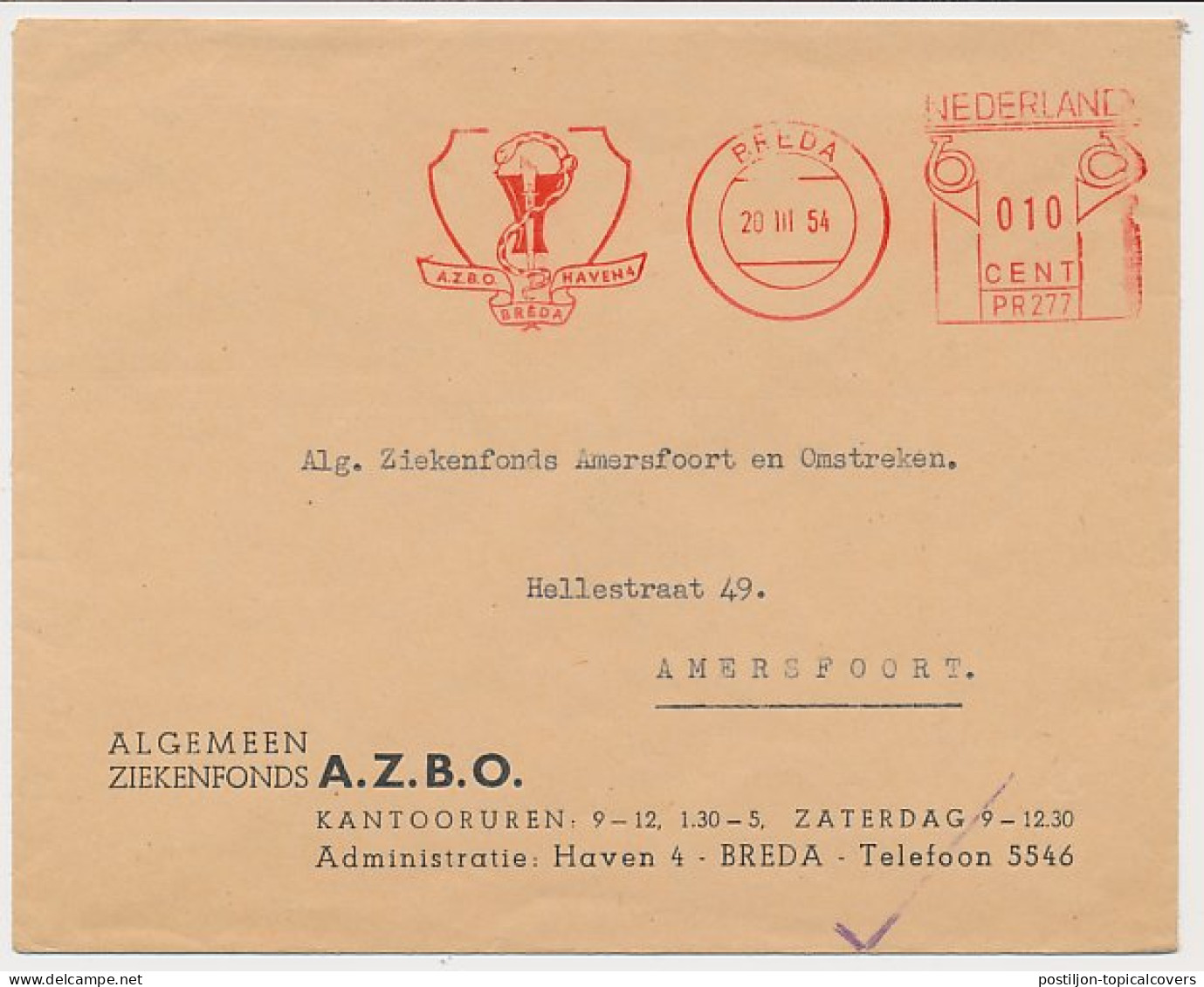 Meter Cover Netherlands 1954 Health Insurance Fund - Aesculapius - Snake - Breda - Other & Unclassified