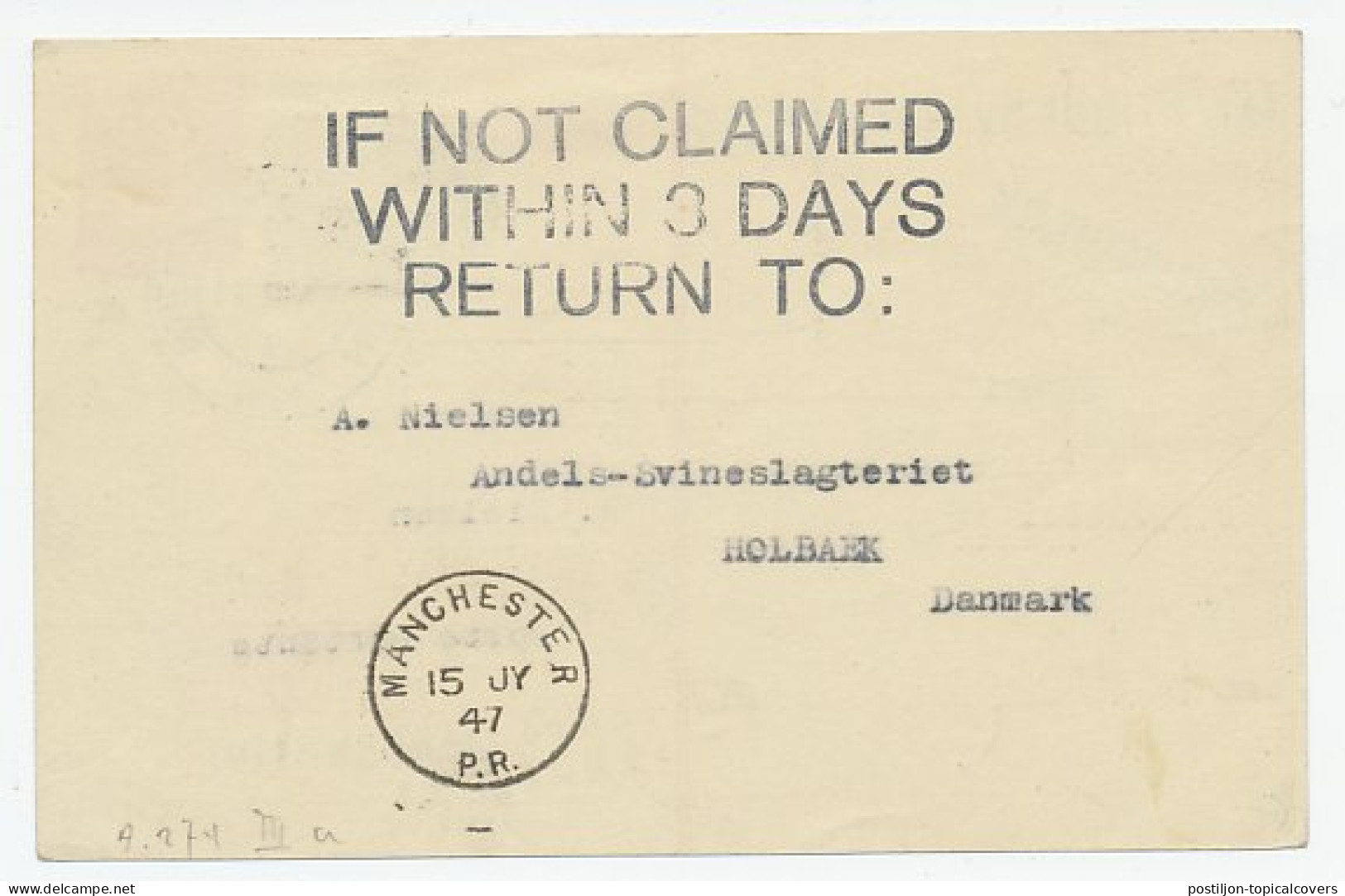 VH A 274 III A Amsterdam - Manchester UK / GB 1947 - Unclassified