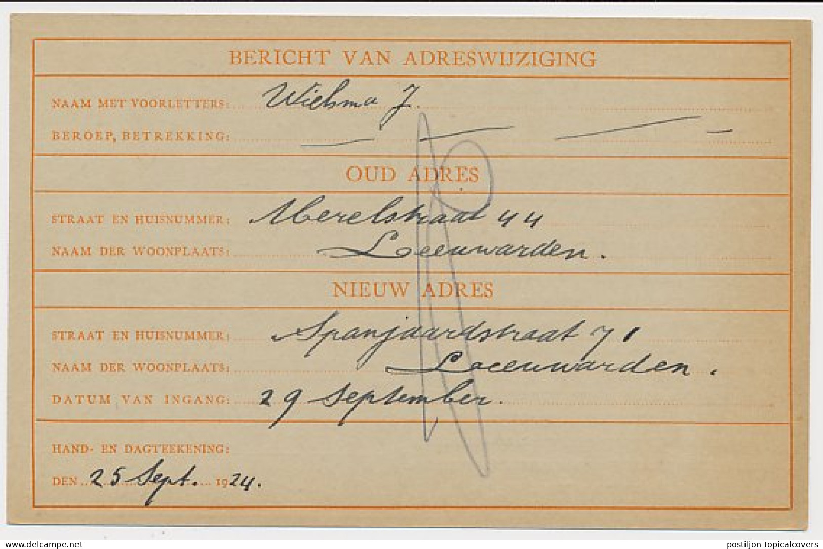 Verhuiskaart G. 5 ( Leeuwarden ) - Amsterdam 1924 - Ganzsachen