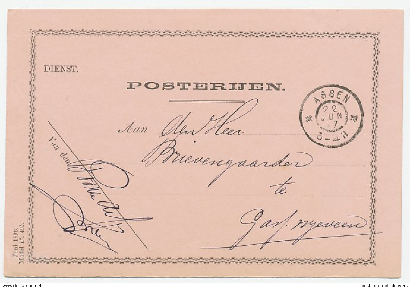 Dienst Posterijen Assen - Gaselternijveen 1897 - Postbladen - Non Classés