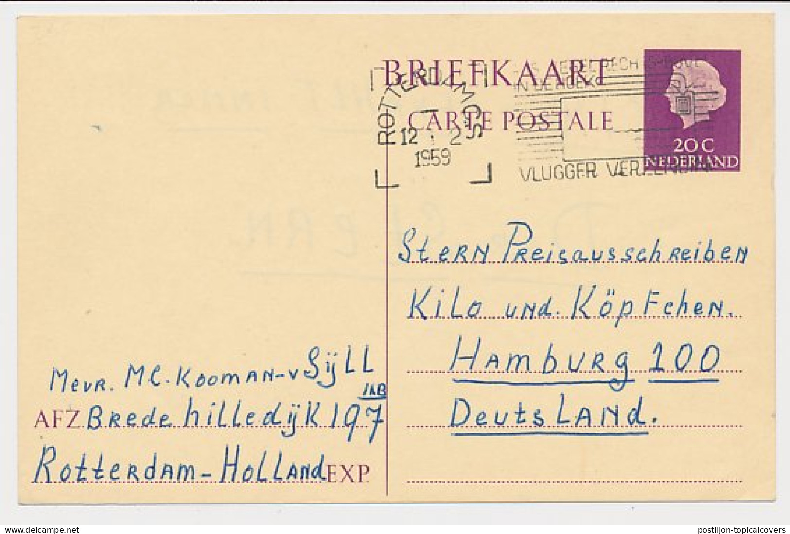 Briefkaart G. 321 Rotterdam - Hamburg Duitsland 1959 - Interi Postali