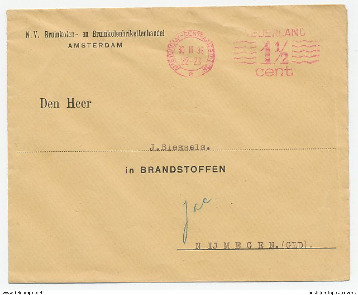 Firma Envelop Amsterdam 1933 - UNION Bruinkolen / Briketten - Non Classés