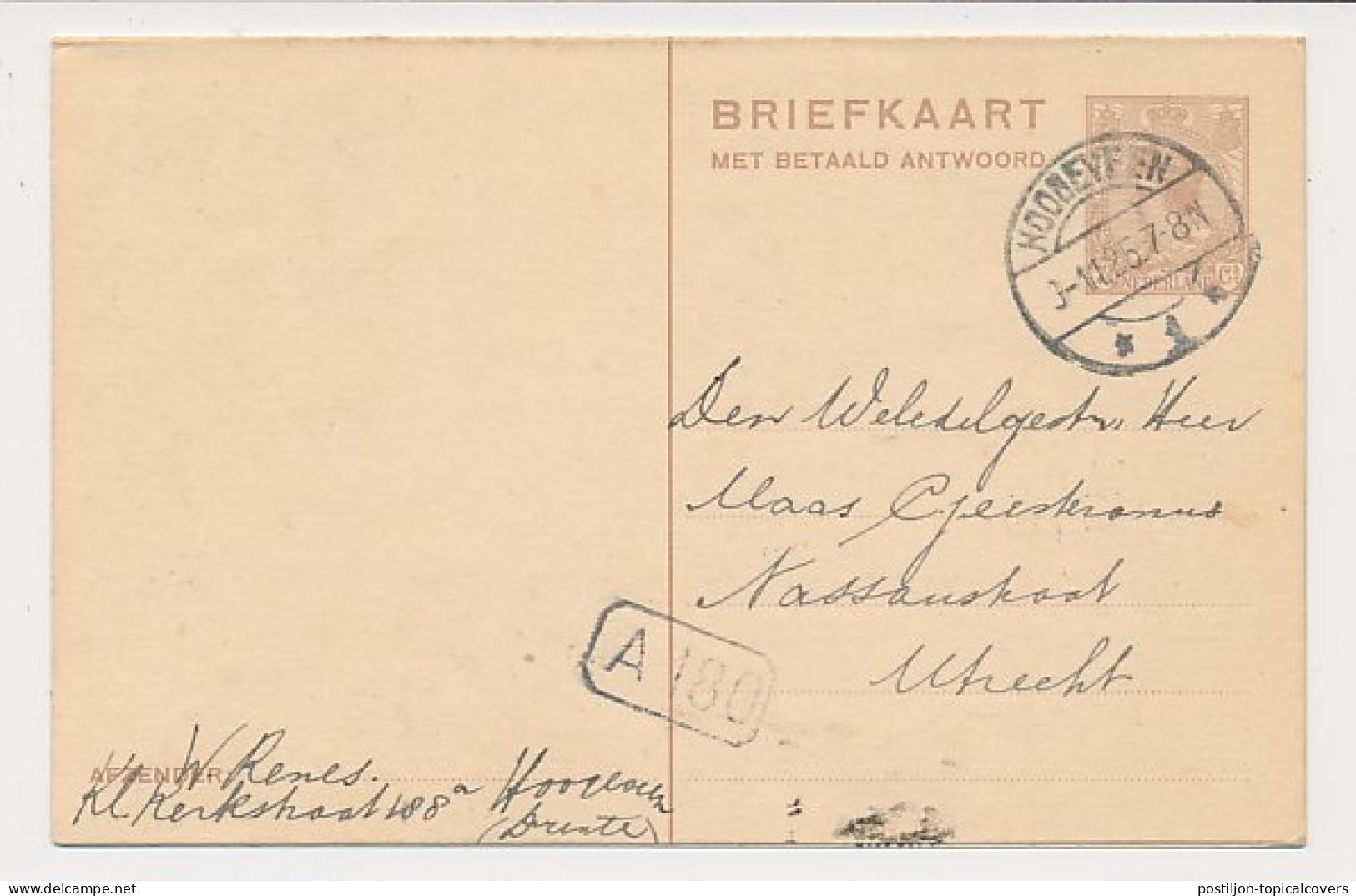 Briefkaart G. 205 Hoogeveen - Utrecht 1926 - Interi Postali