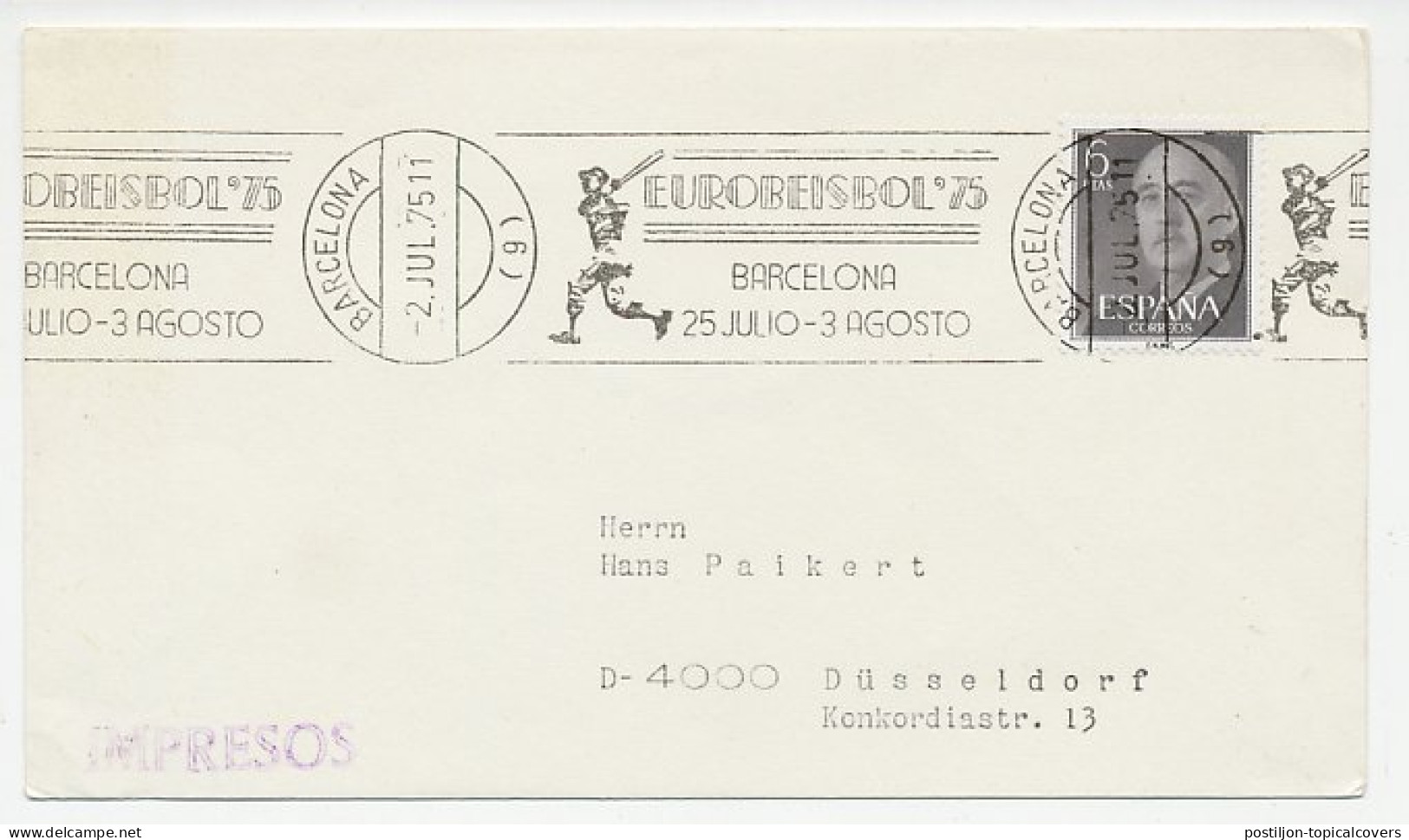 Cover / Postmark Spain 1975 European Championship Baseball Barcelona 1975 - Autres & Non Classés