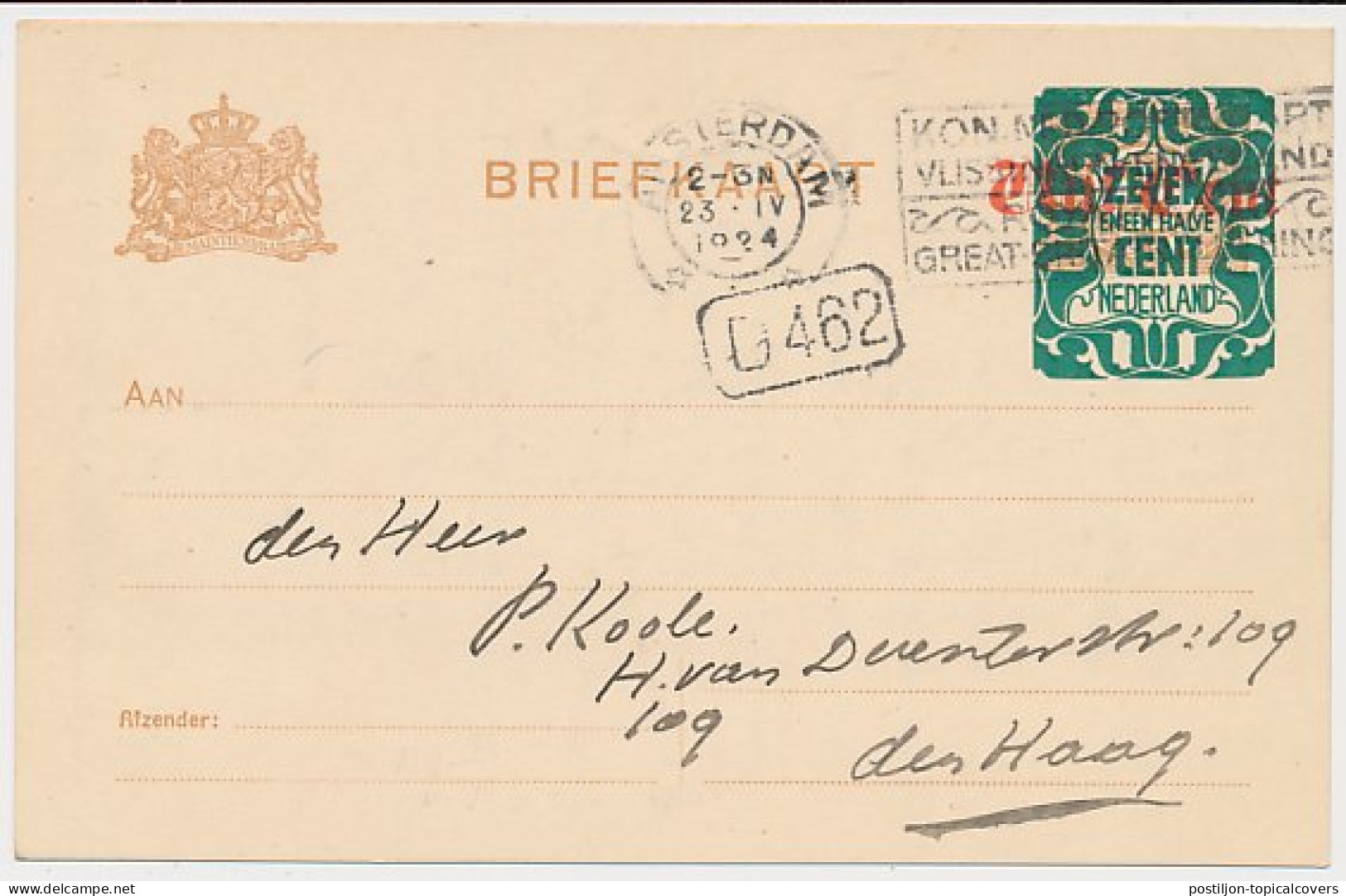 Briefkaart G. 176 A II Amsterdam - S Gravenhage 1924 - Interi Postali