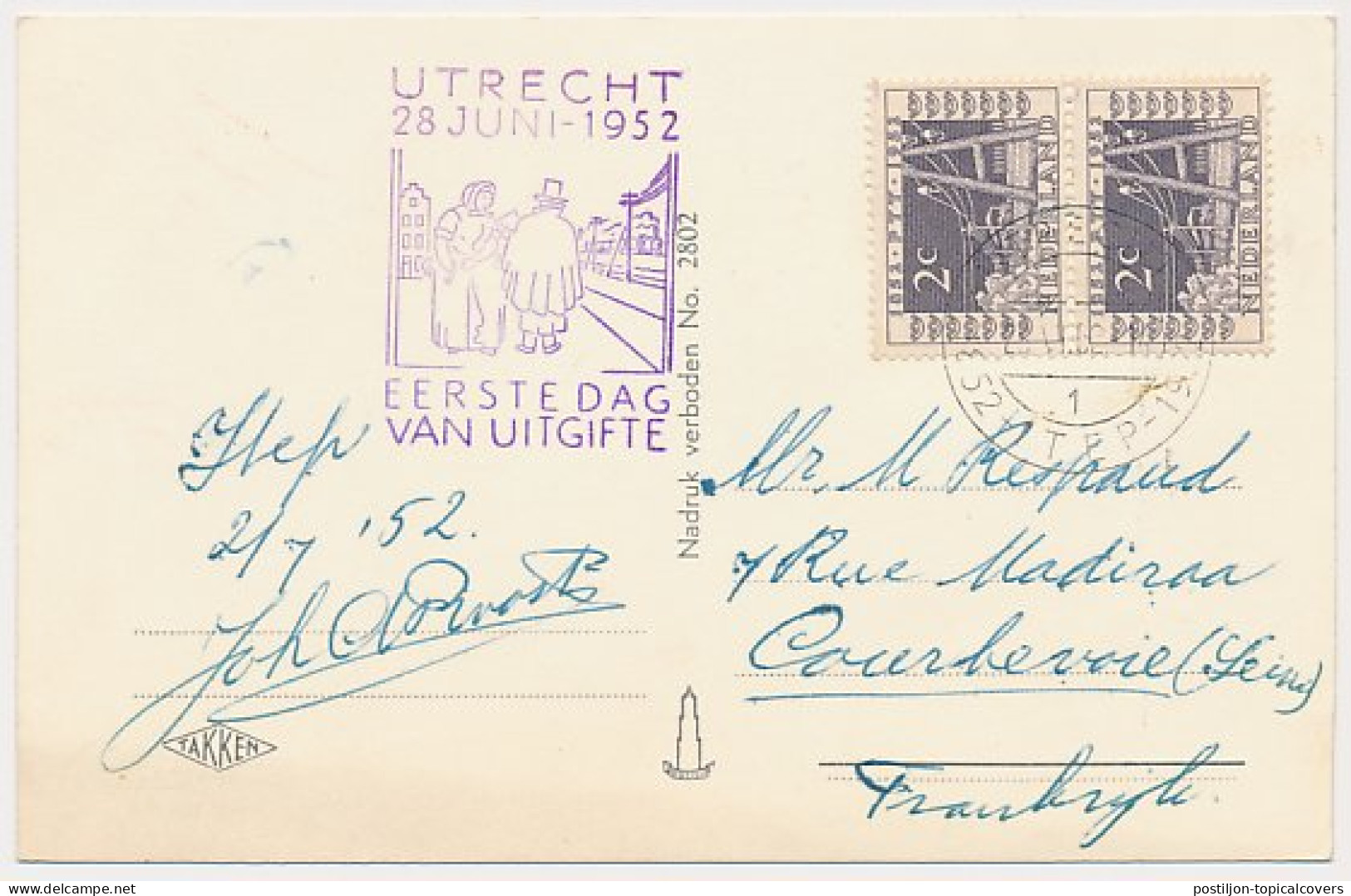FDC / 1e Dag Em. Rijkstelegraaf 1952 - Stempel ITEP - Ohne Zuordnung