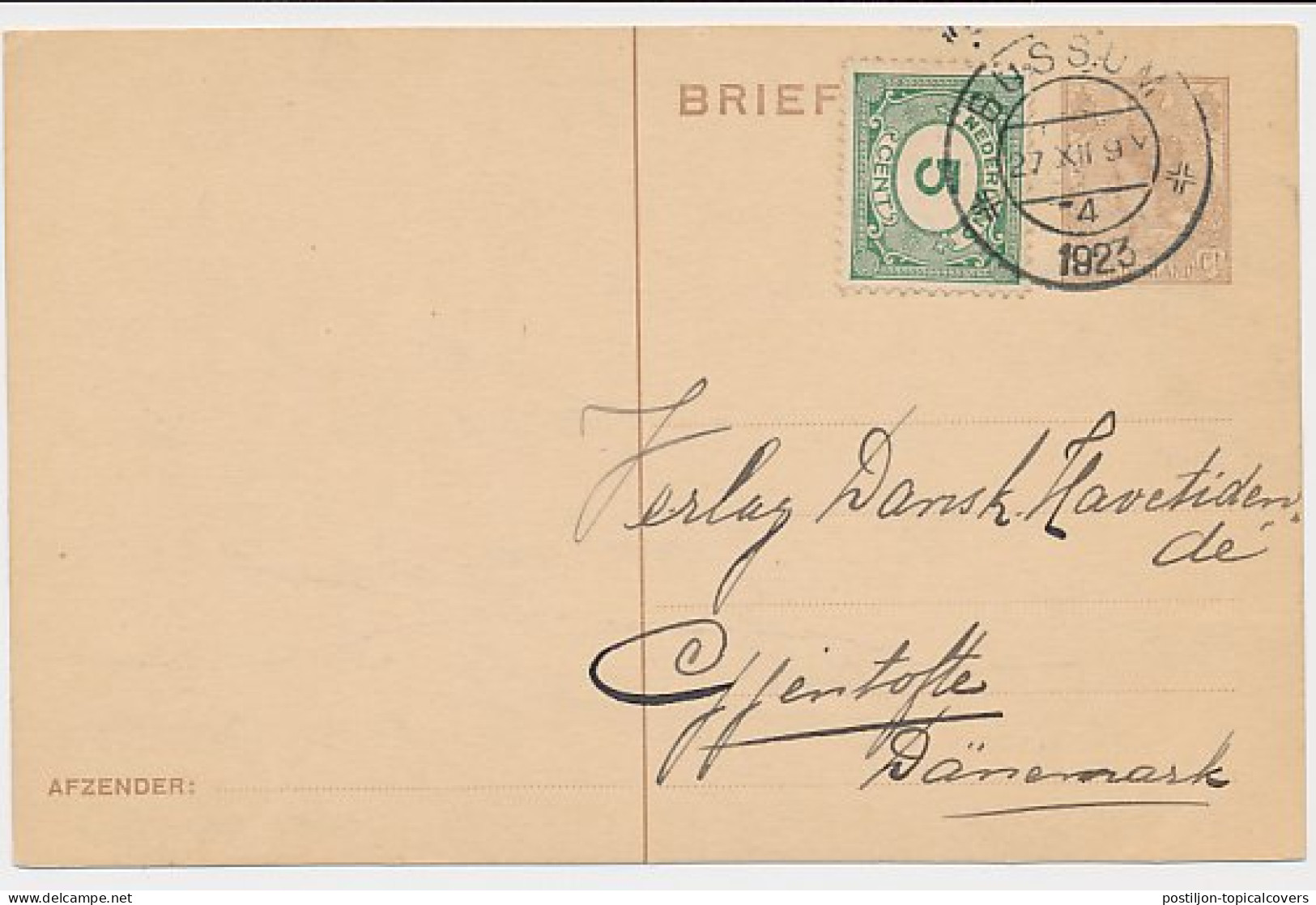 Briefkaart G. 198 / Bijfrankering Bussum - Denemarken 1923 - Entiers Postaux