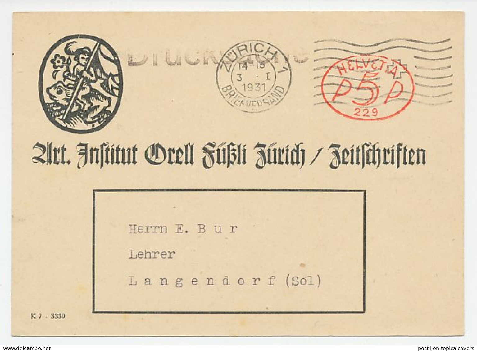 Illustrated Meter Card Switzerland 1931 Frog - Flag - Other & Unclassified