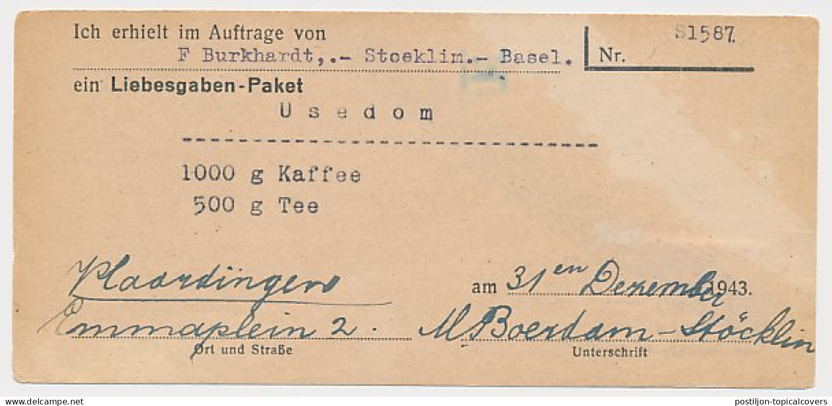 Vlaardingen - Hamburg Duitsland 1943 - Liebesgabenpaket - Unclassified