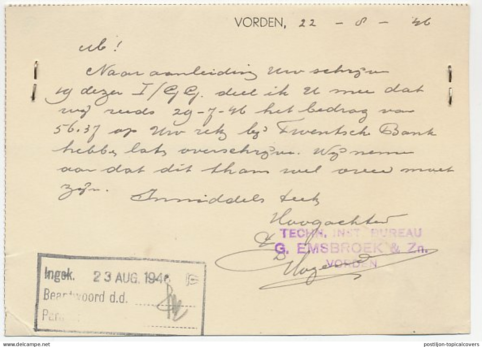 Firma Briefkaart Vorden 1946 - Metaal / Gems / Bok - Non Classés