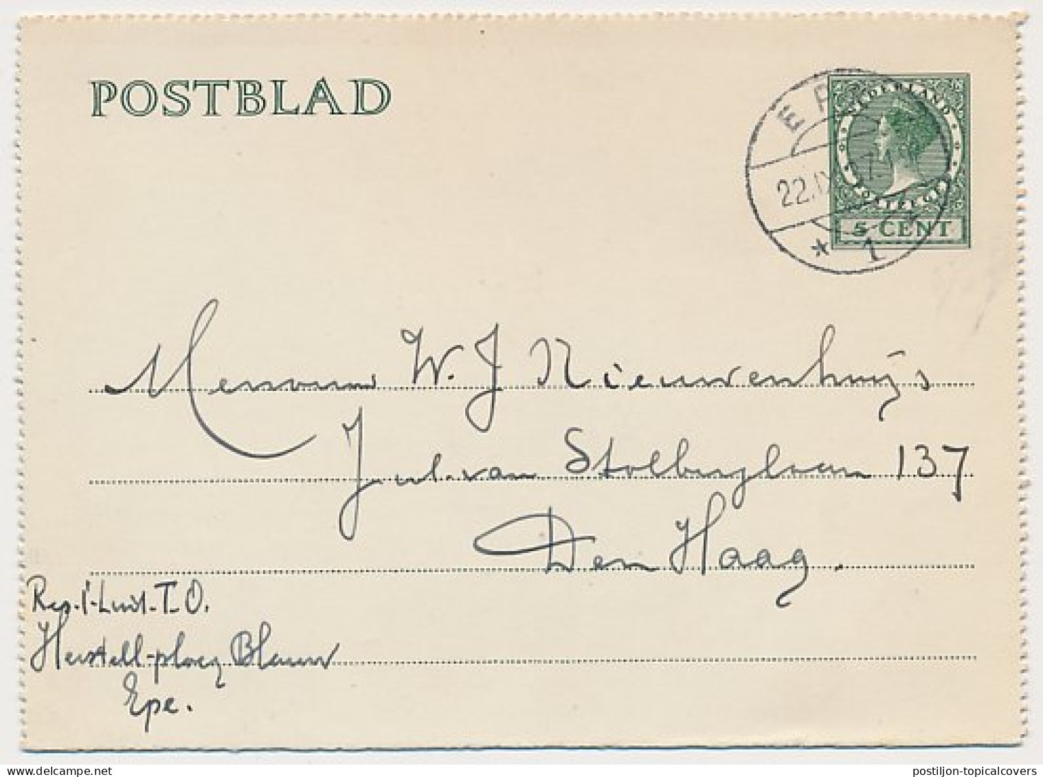 Postblad G. 19 A Epe - Den Haag 1937 - Entiers Postaux