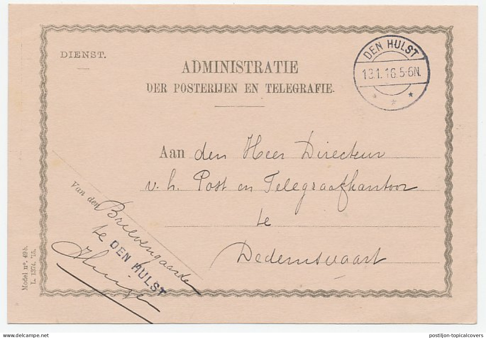 Dienst Posterijen Den Hulst - Dedemsvaart 1916 - Tram - Ohne Zuordnung