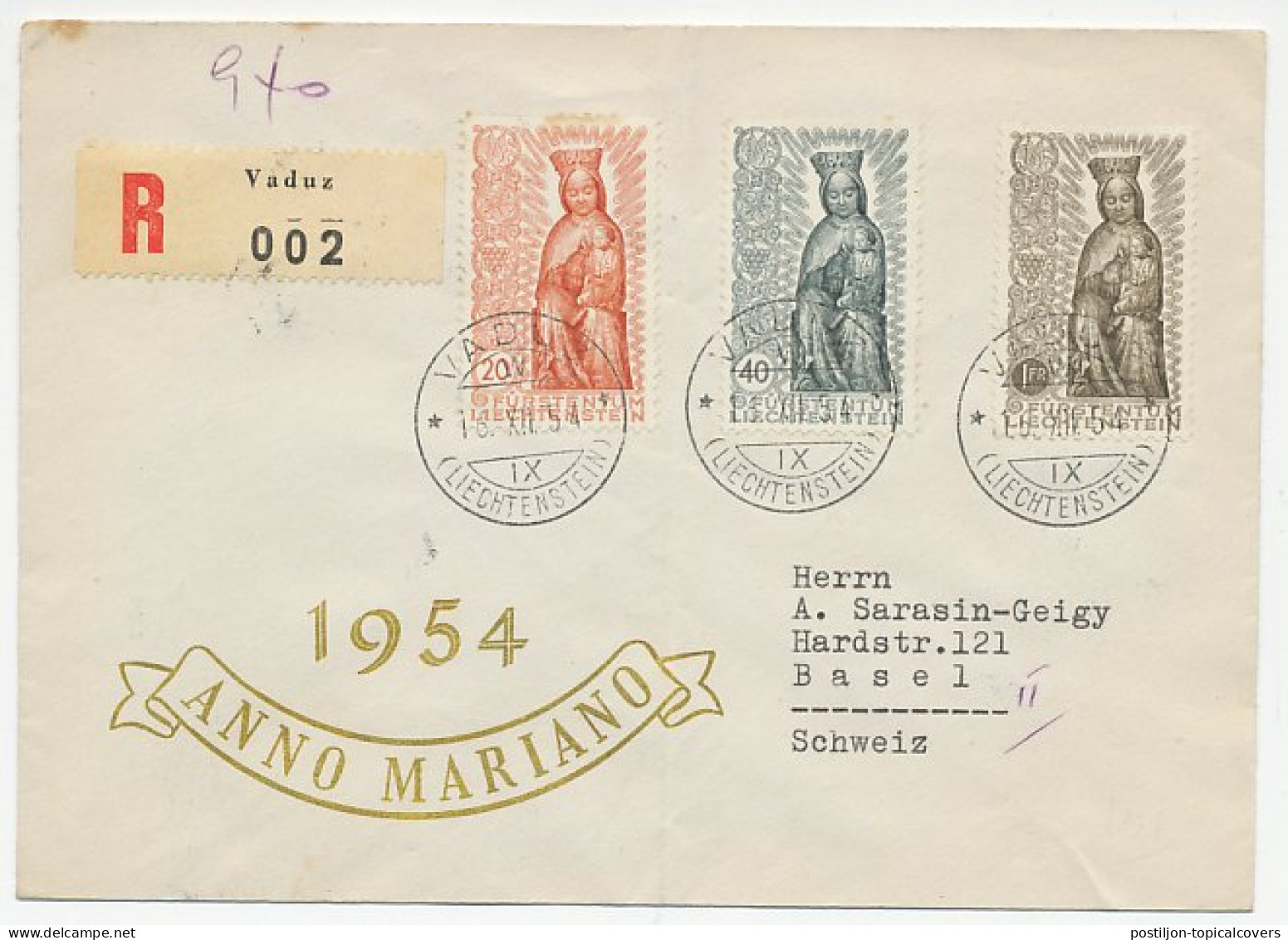 Registered Cover Liechtenstein 1954 Madonna - Mary - Andere & Zonder Classificatie