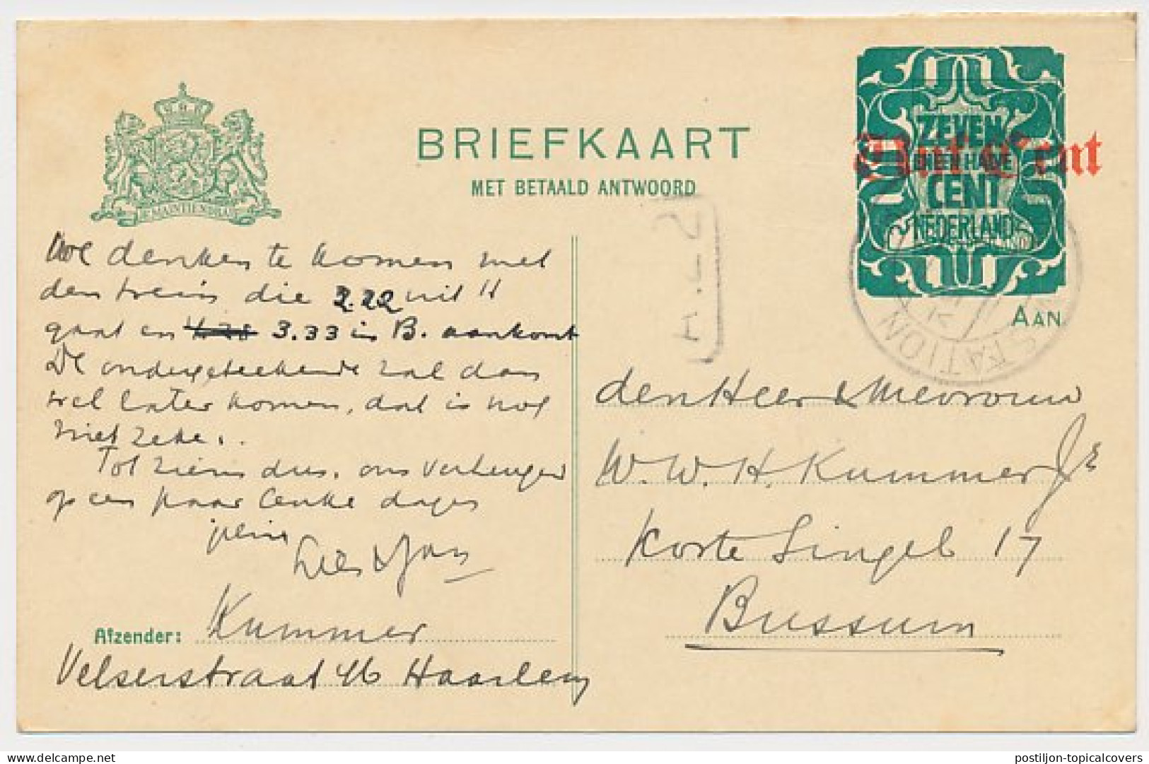 Briefkaart G. 184 V-krt. Haarlem - Bussum 1921 - Entiers Postaux