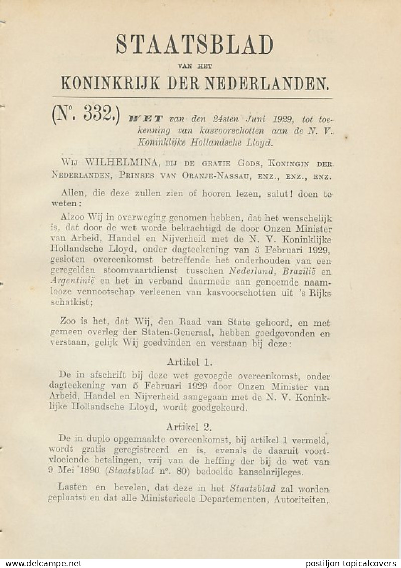 Staatsblad 1929 : Stoomvaart Koninklijke Hollandschen Lloyd - Historische Documenten