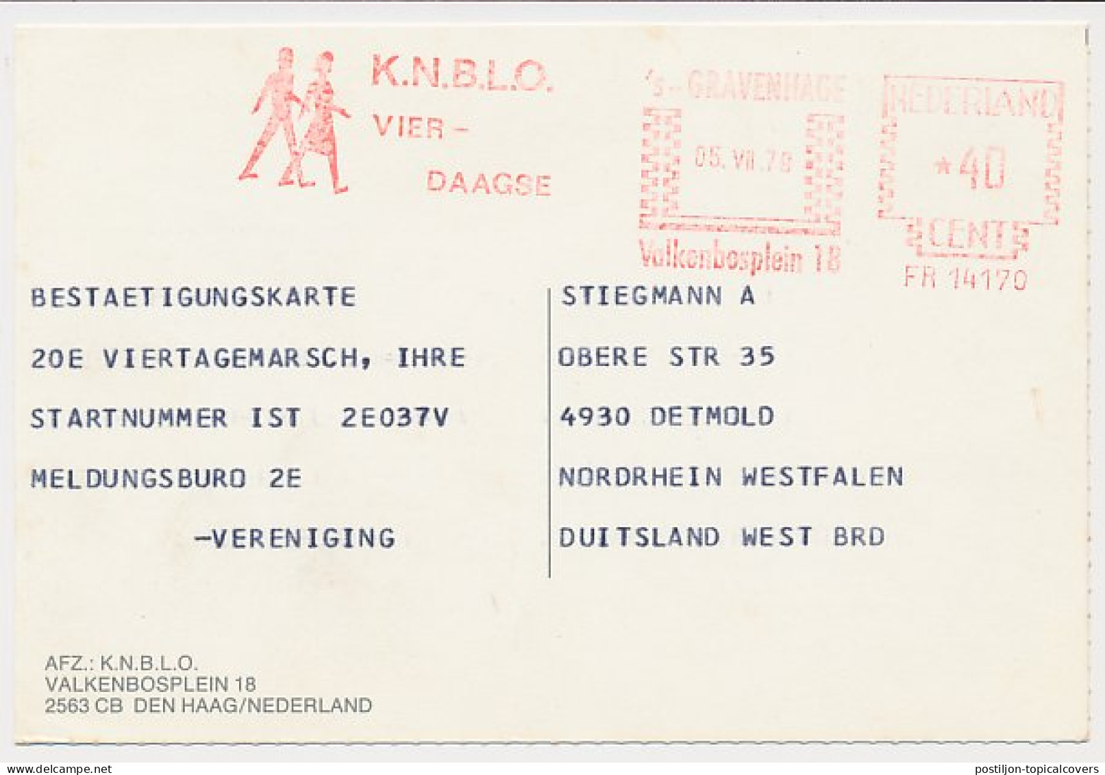 Meter Registration Card Netherlands 1979 Four Days Marches - Andere & Zonder Classificatie
