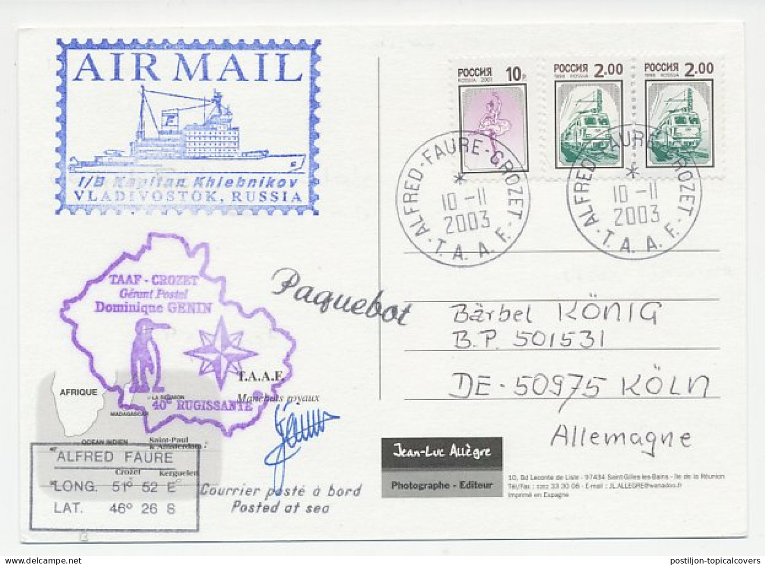 Cover / Postmark / Cachet T.A.A.F / Russia 2003 Expedition - Penguin - Paquebot - Expéditions Arctiques