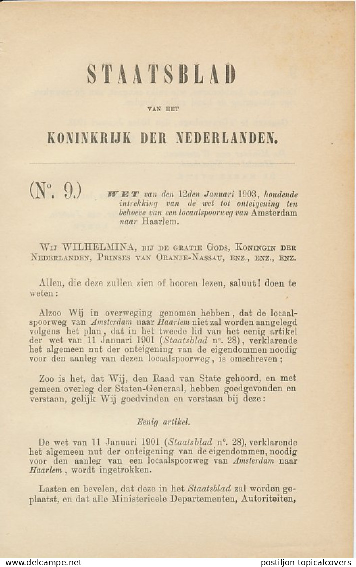 Staatsblad 1903 : Spoorlijn Amsterdam - Haarlem  - Documents Historiques