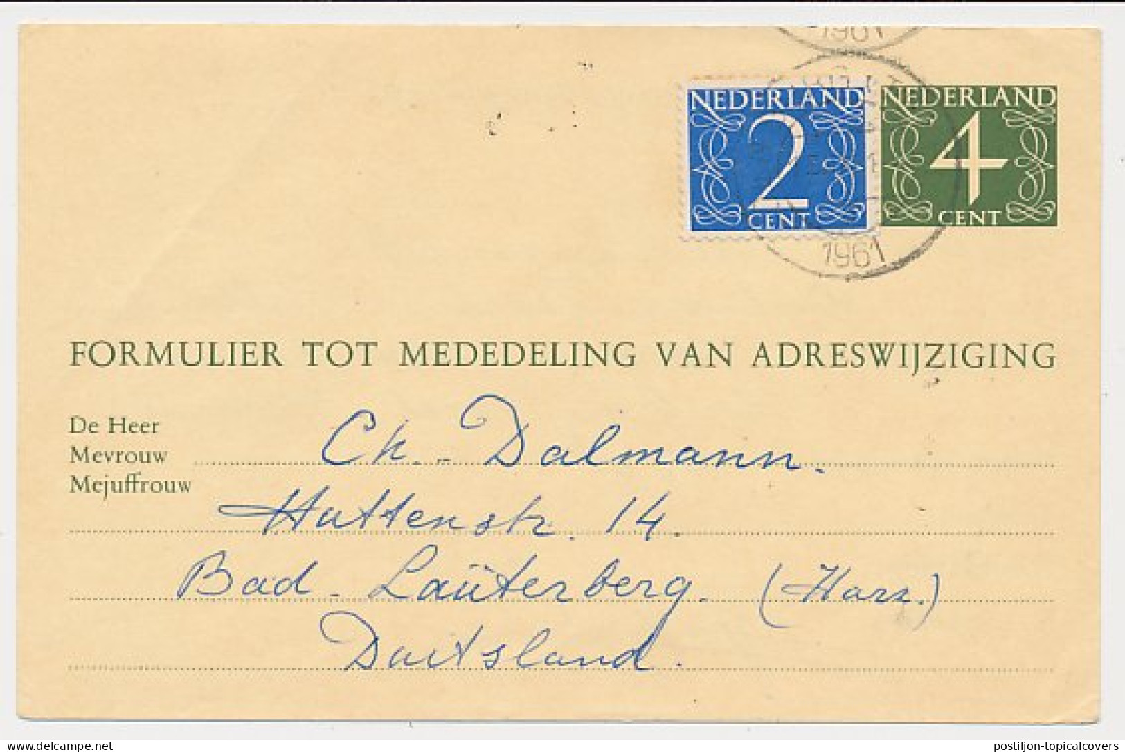 Verhuiskaart G. 26 Texel - Duitsland 1961 - Buitenland - Entiers Postaux