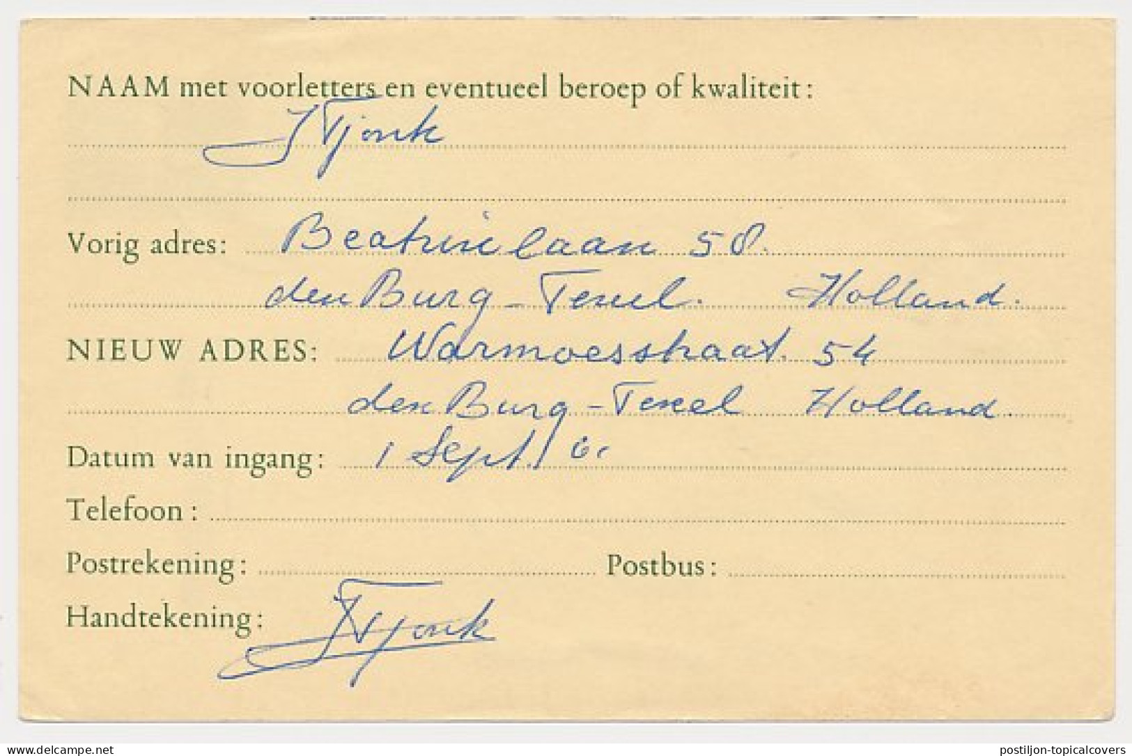 Verhuiskaart G. 26 Texel - Duitsland 1961 - Buitenland - Entiers Postaux
