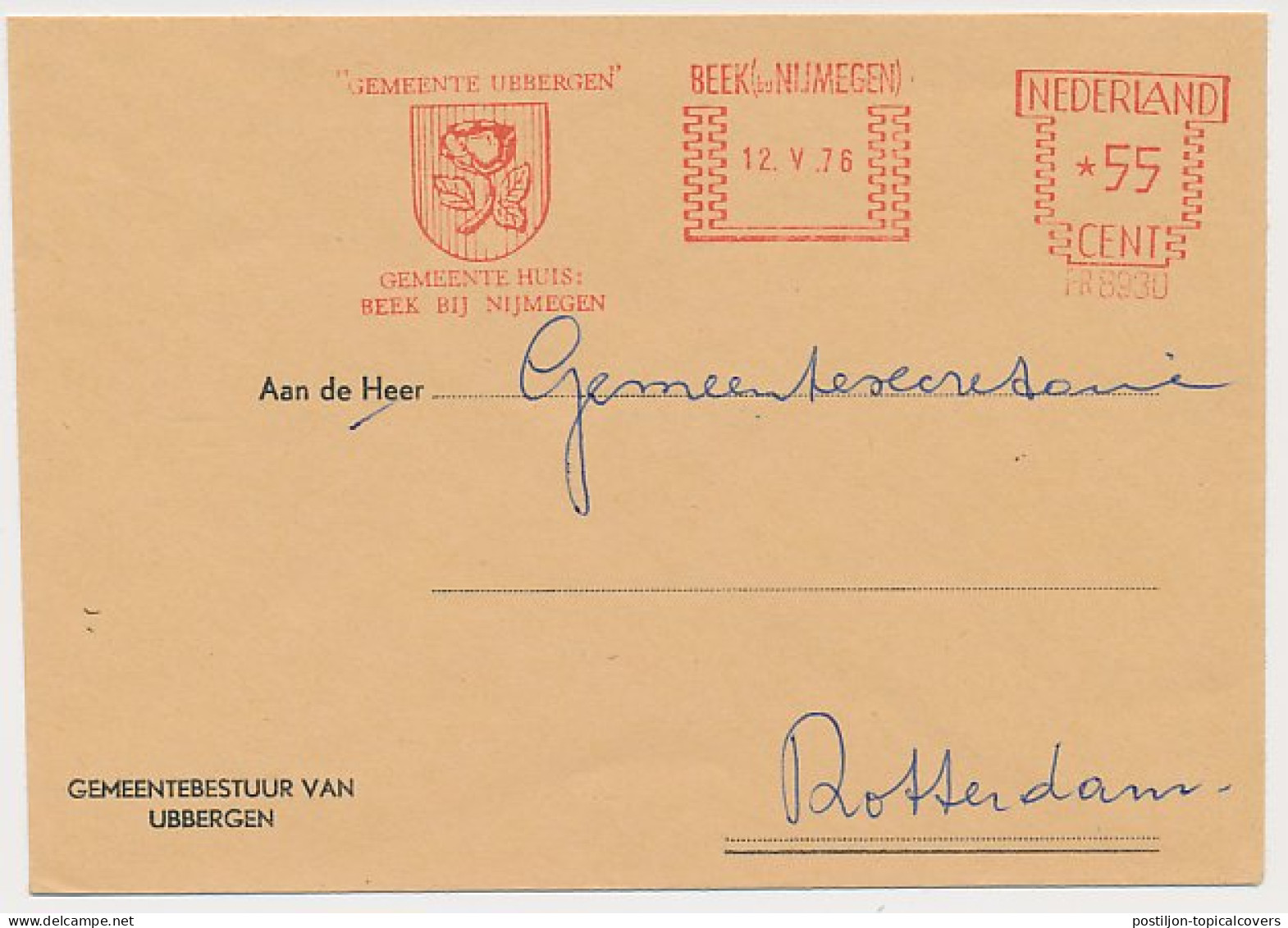 Meter Cover Netherlands 1976 Flower - Rose - Municipal Coat Of Arms Ubbergen - Beek - Sonstige & Ohne Zuordnung