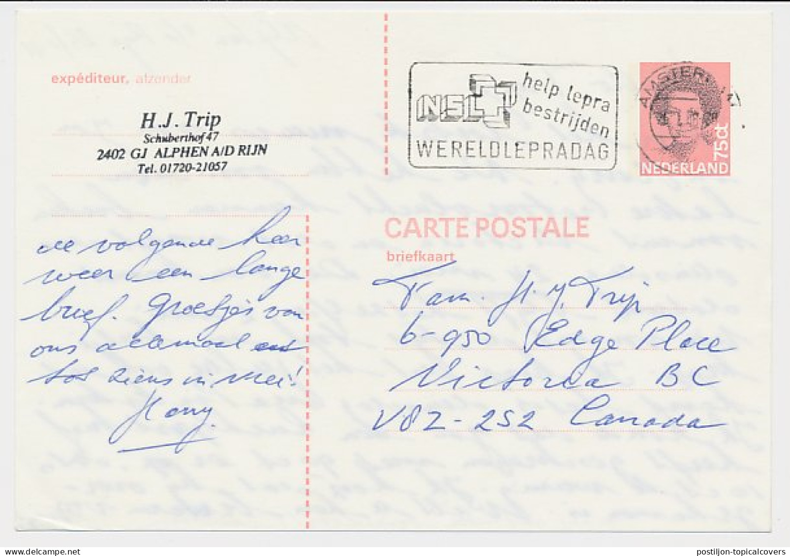 Briefkaart G. 365 Amsterdam - Victoria Canada 1988 - Ganzsachen