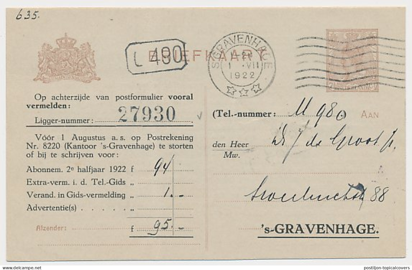 Briefkaart G. (TEL) 191 Cat. Onbekend - Telephoondienst 1922  - Postal Stationery