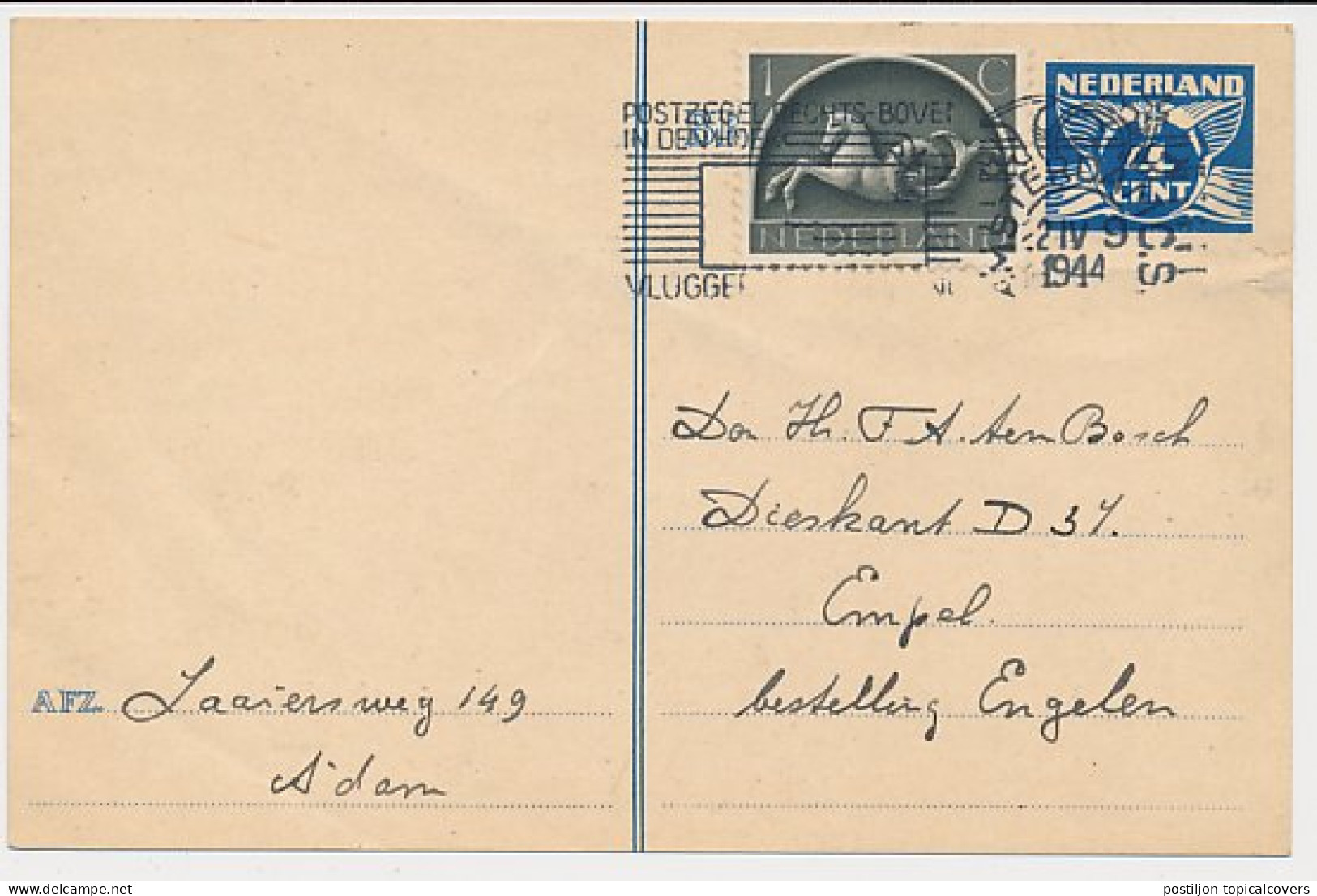 Briefkaart G. 252 / Bijfrankering Amsterdam - Empel Engelen 1944 - Entiers Postaux