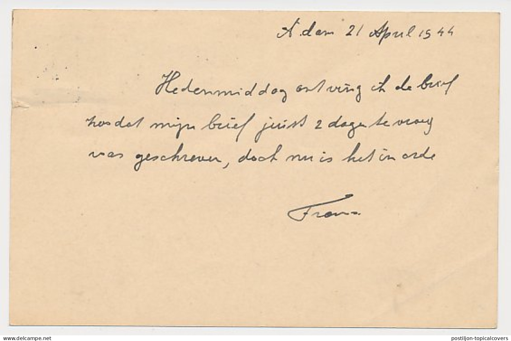 Briefkaart G. 252 / Bijfrankering Amsterdam - Empel Engelen 1944 - Entiers Postaux