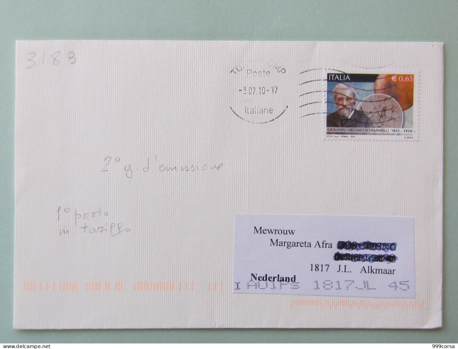 Italia, Astronomia, G. Schiaparelli, Astronomo, Scopritore Canali Marziani, Viaggiata 2° Giorno, Tariffa X Estero - 2001-10: Poststempel