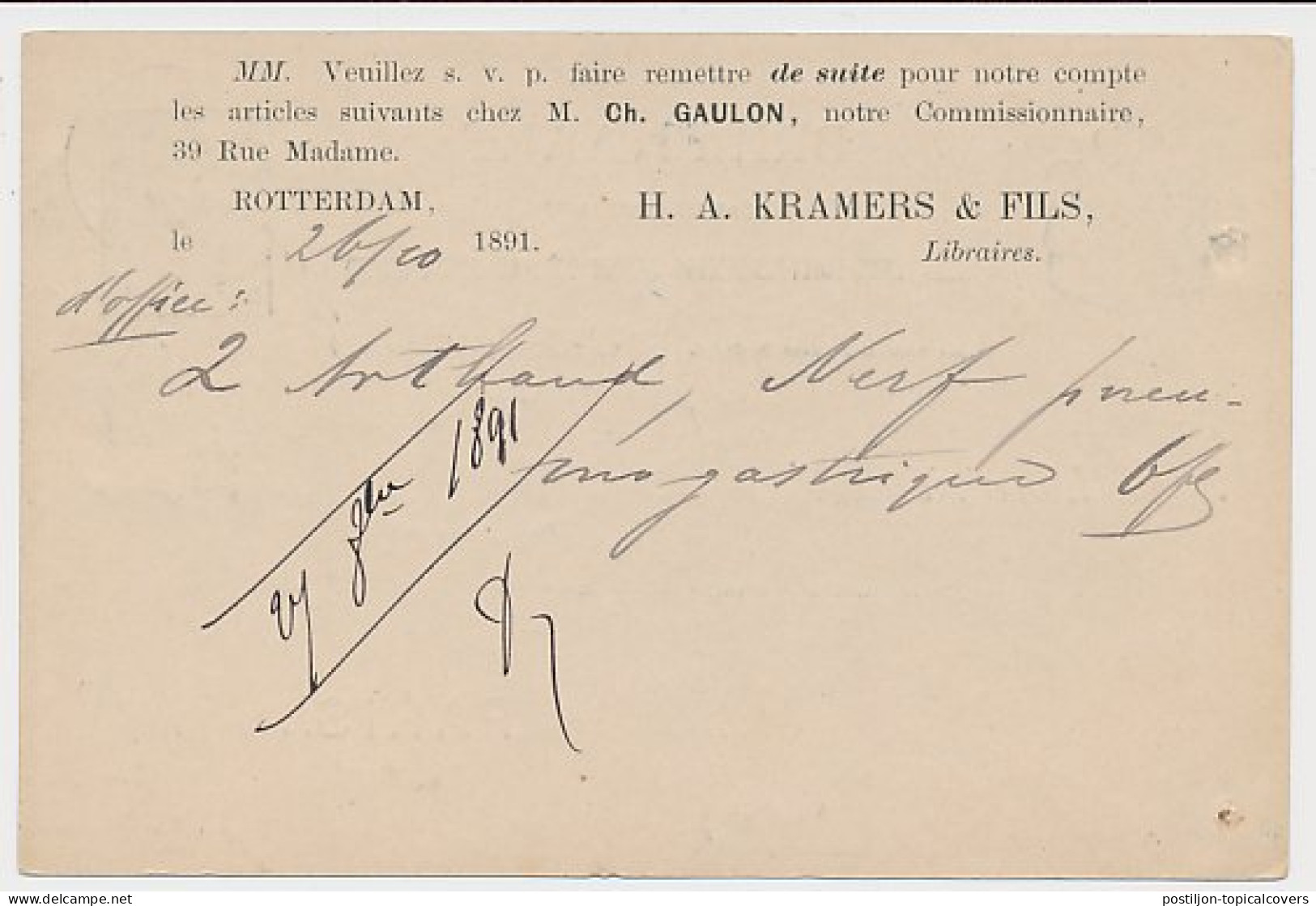 Briefkaart G. 27 Particulier Bedrukt Rotterdam - Frankrijk 1891 - Postal Stationery