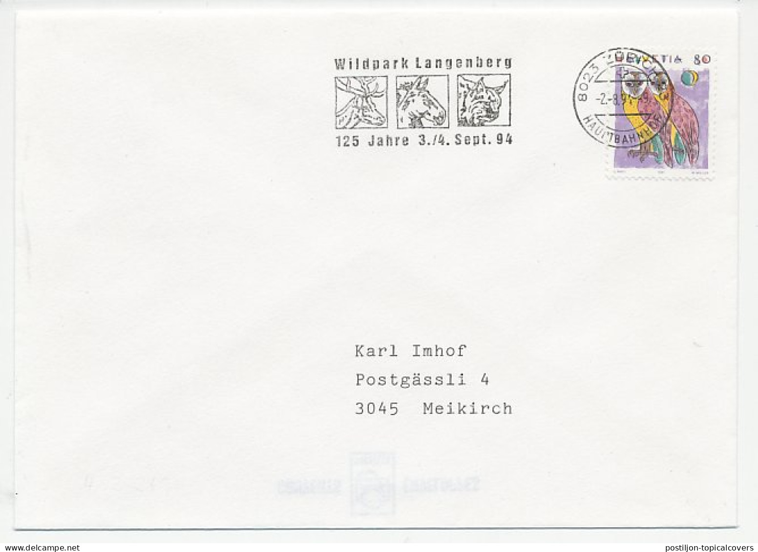 Cover / Postmark Switzerland 1994 Stag - Horse - Lynx - Other & Unclassified