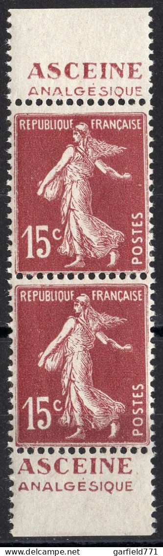 FRANCE Semeuse Paire Verticale 15c N° 189a Publicité ASCEINE Analgésique NEUF** MNH - 1924-26 - Unused Stamps
