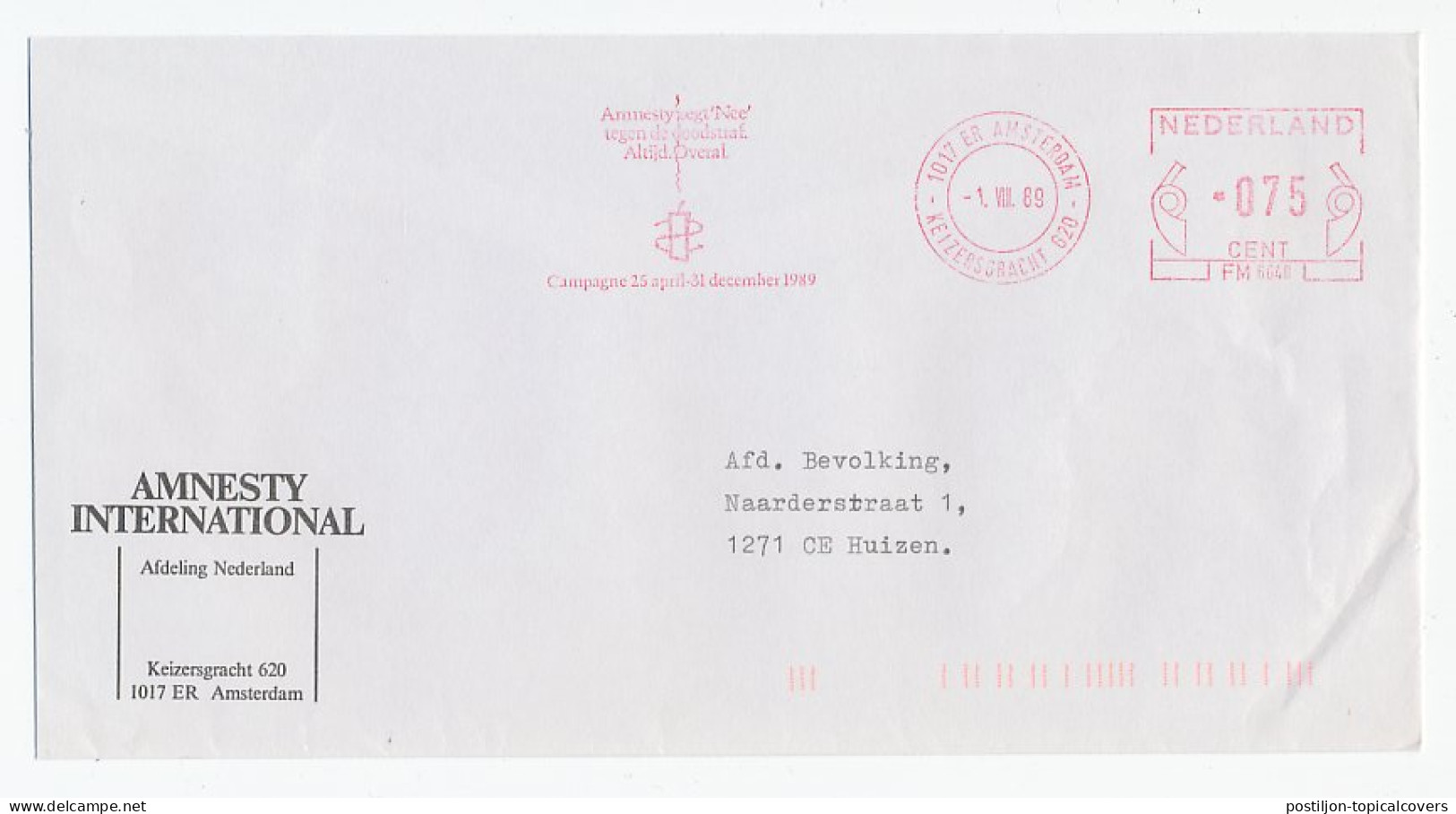 Meter Cover Netherlands 1989 Amnesty International - Campaign - No, To Death Penalty - Sonstige & Ohne Zuordnung