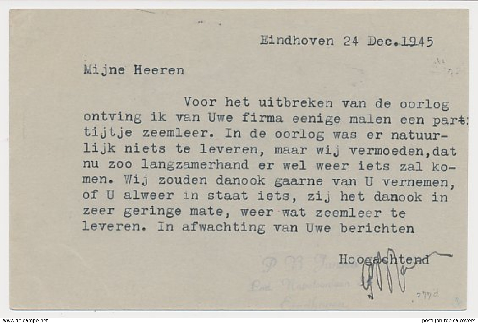Briefkaart G. 277 D Eindhoven - Zutphen 1945 - Ganzsachen