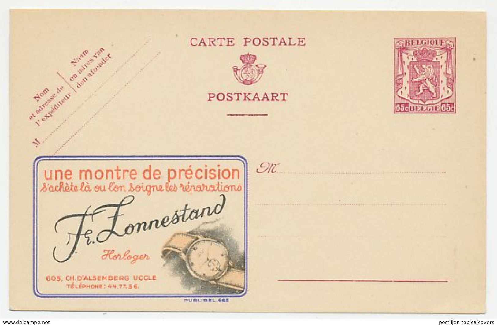 Publibel - Postal Stationery Belgium 1946 Watch - Clocks