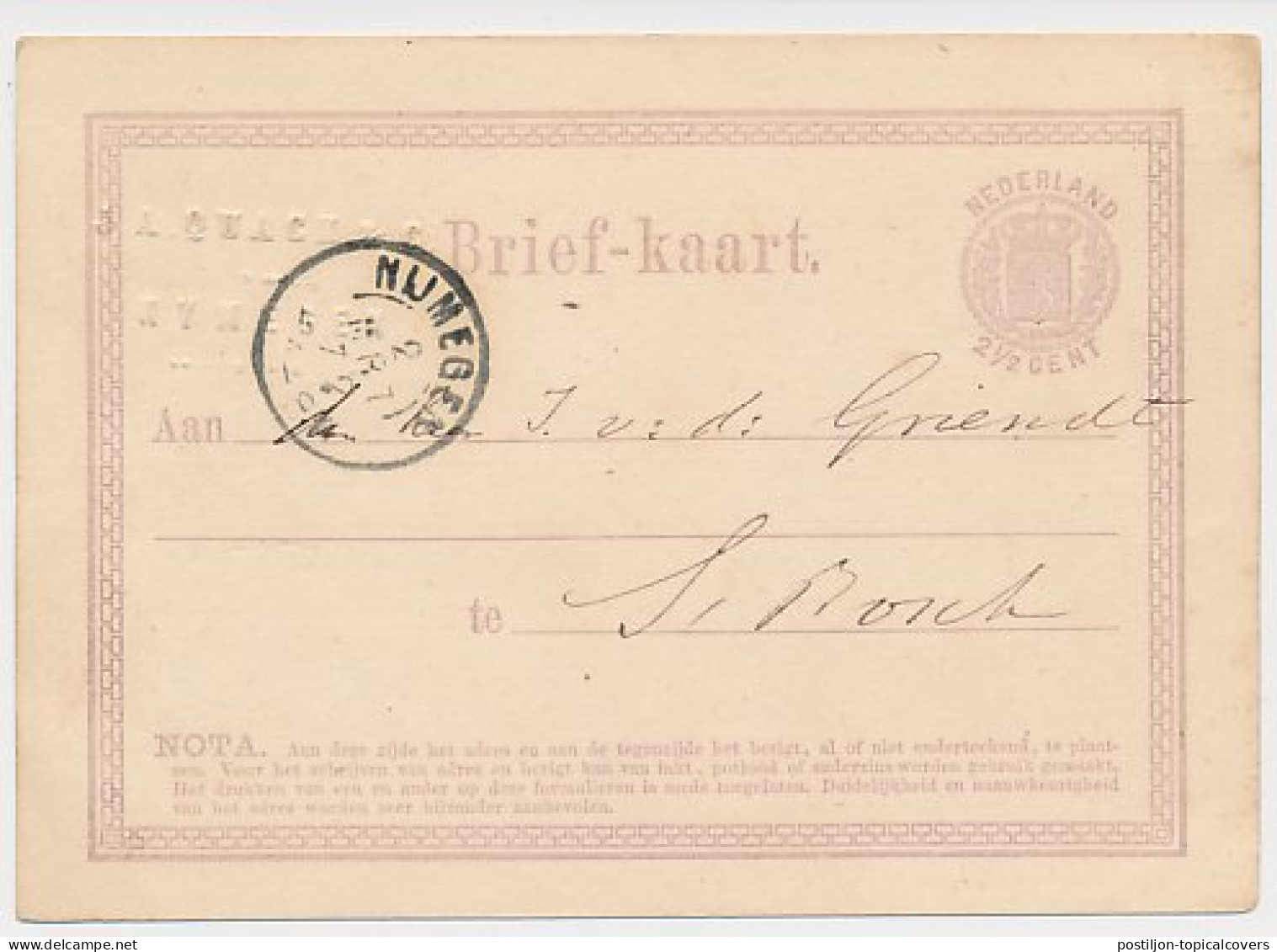 Briefkaart G. 1 Firma Blinddruk Nijmegen 1872 - Entiers Postaux