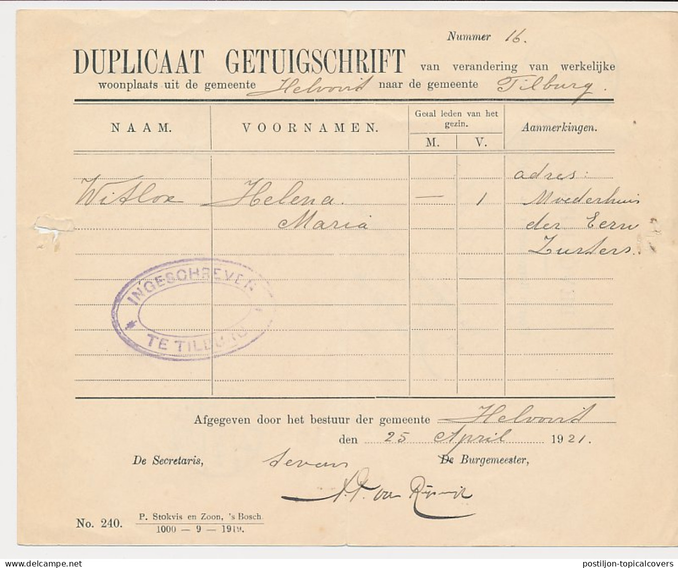 Treinblokstempel : Arnhem - Breda C 1921 ( Helvoirt )  - Ohne Zuordnung