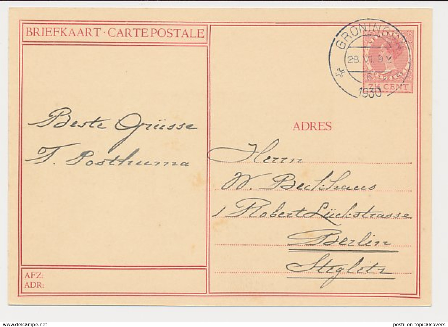 Briefkaart G. 227 B ( Dordrecht ) Groningen - Duitsland 1930 - Entiers Postaux